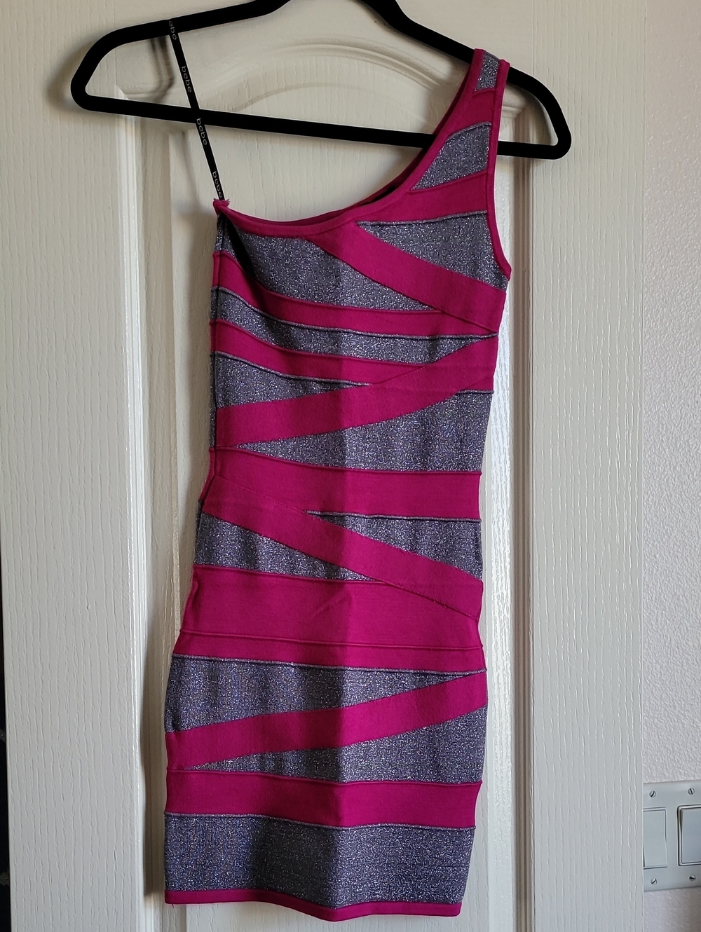 Bebe One-Shoulder Magenta & Silver Sparkle Bodycon Dress